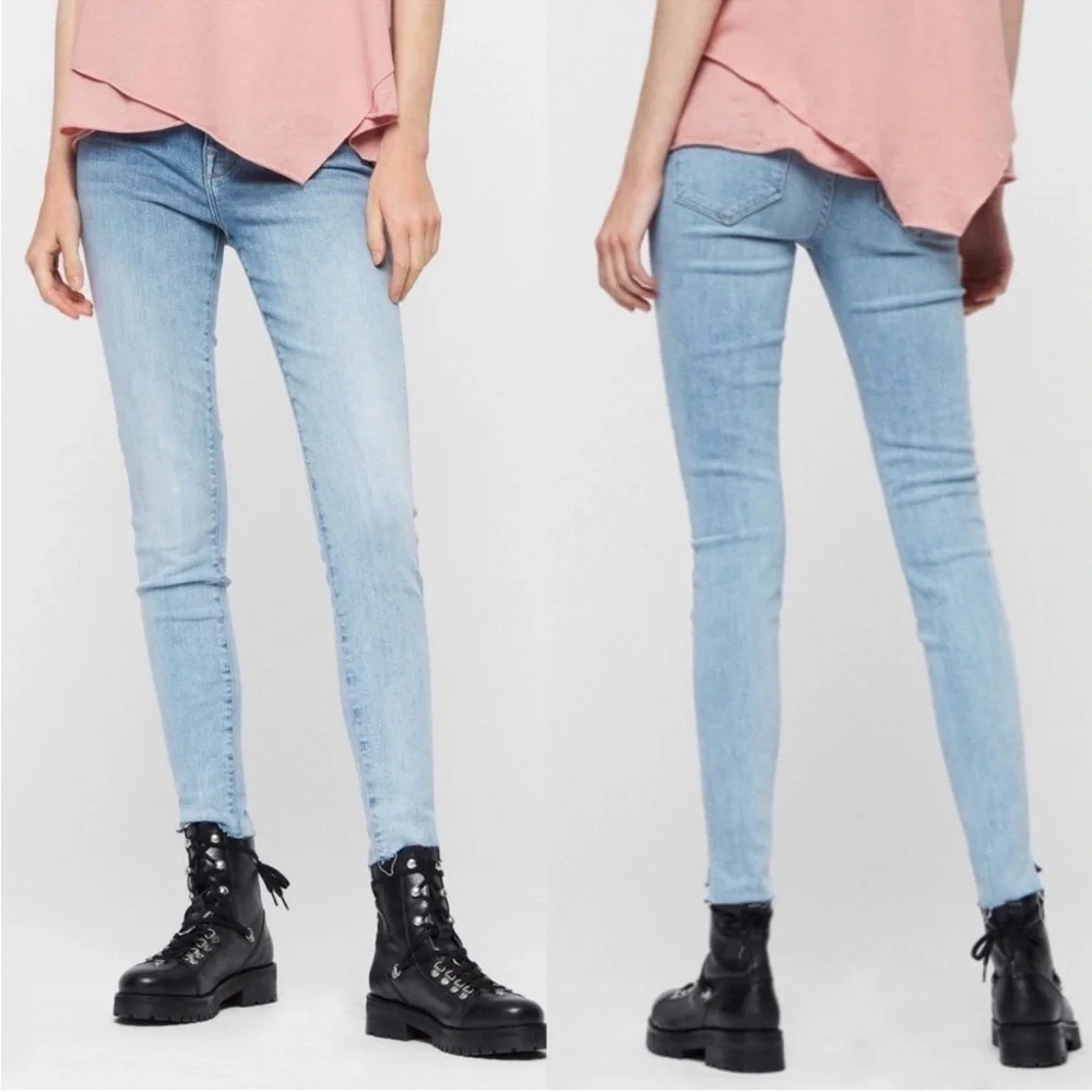 All Saints Roxanne Cropped Jeans Blue Raw Hem Distressed High Waisted Waist 28